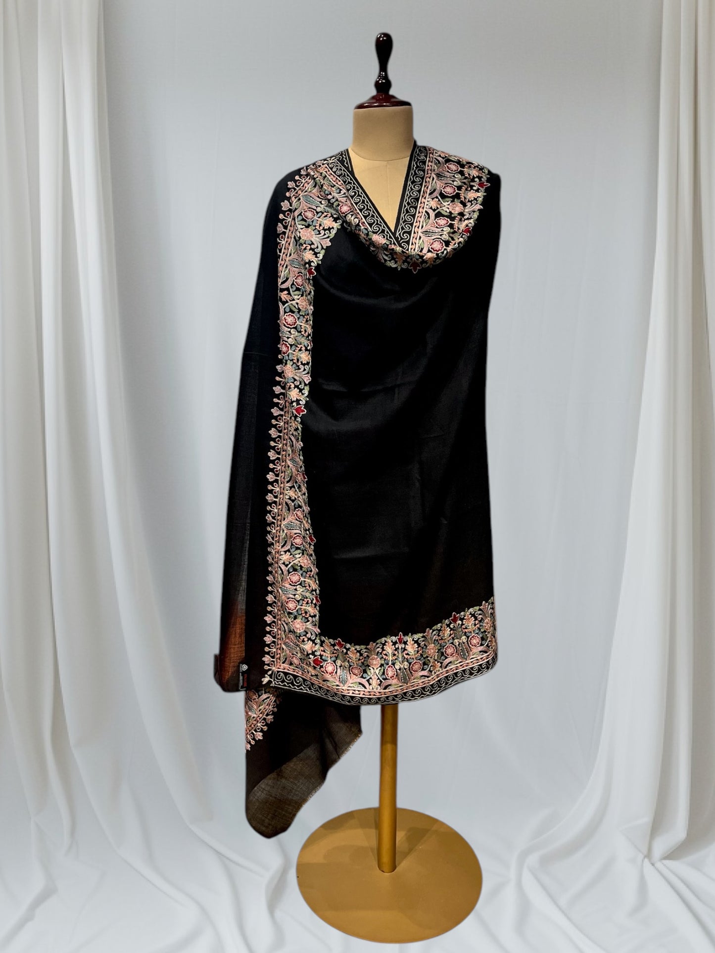 BLACK COLOR PASHMINA SHAWL WITH FLORAL EMBROIDERY