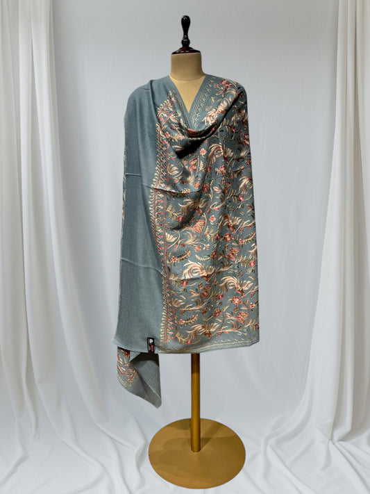 LIGHT BLUE COLOUR PACHMINA SHAWL WITH FLORAL EMBROIDERY