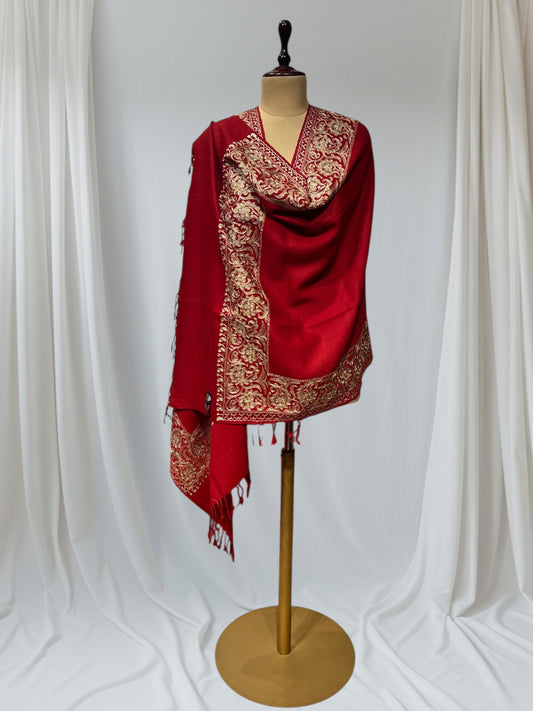 RED COLOR PASHMINA SHAWL WITH GOLDEN EMBROIDERY