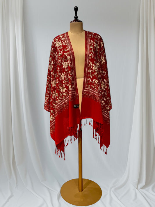 RED COLOR PASHMINA SHAWL WITH FLORAL EMBROIDERY