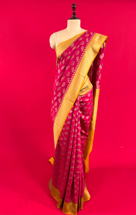 ( DELIVERY IN 20-25 DAYS ) HOT PINK COLOUR MUNGA SILK SAREE EMBELLISHED WITH ZARI WEAVES