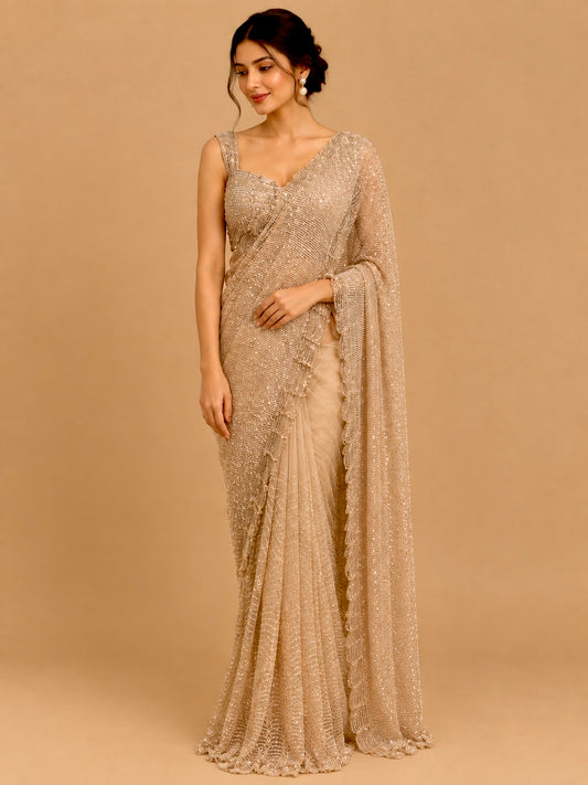 BEIGE COLOUR SEQUINS EMBROIDERED READYMADE BLOUSE SAREE EMBELLISHED WITH CUTDANA & SEQUINS WORK