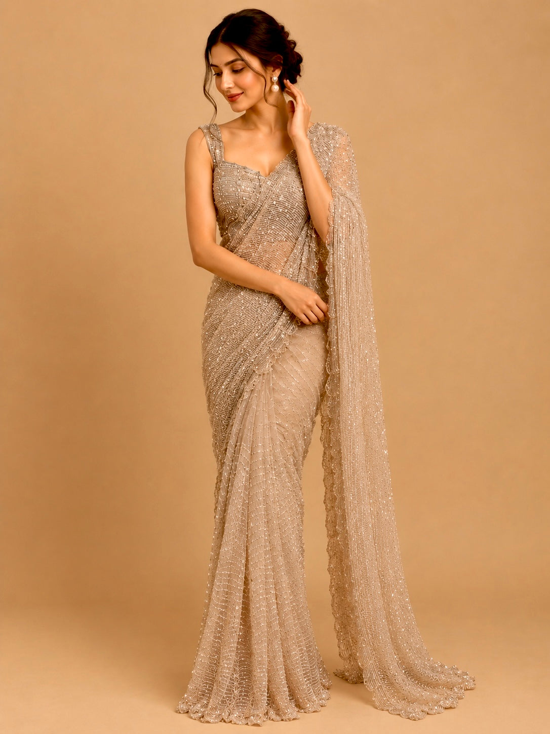 BEIGE COLOUR SEQUINS EMBROIDERED READYMADE BLOUSE SAREE EMBELLISHED WITH CUTDANA & SEQUINS WORK