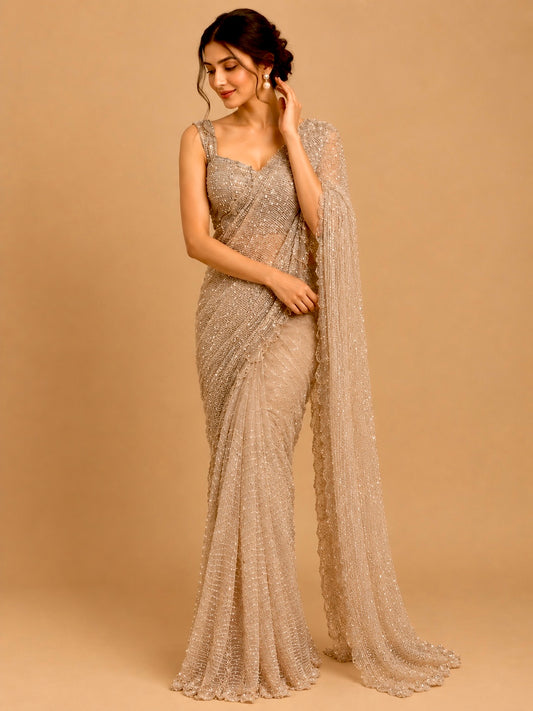 BEIGE COLOUR SEQUINS EMBROIDERED READYMADE BLOUSE SAREE EMBELLISHED WITH CUTDANA & SEQUINS WORK
