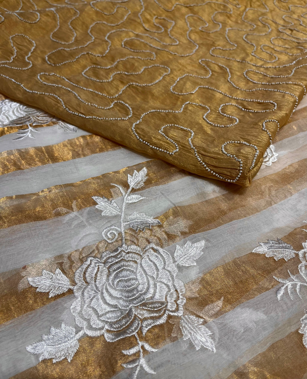 IVORY COLOUR CHANDERI GOLDEN STRIPED PARSI EMBROIDERED SAREE PAIRED WITH AN UNSTITCHED GOLDEN BLOUSE BY SIDDHAIKA - Kothari Sons
