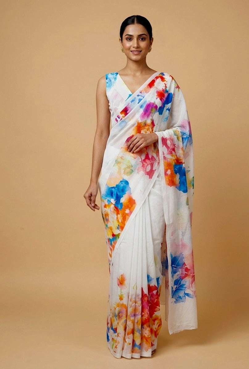 WHITE COLOUR PURE GEORGETTE PRINTED SAREE WITH UNSTITCHED BLOUSE ( DELIVERY IN 20-25 DAYS )