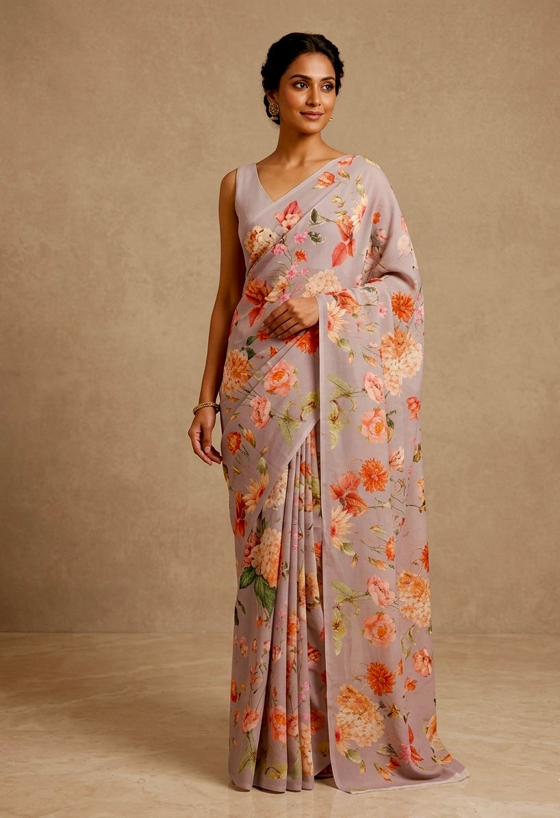 GREY COLOUR PLANT BASED GEORGETTE PRINTED SAREE WITH UNSTITCHED BLOUSE ( DELIVERY IN 20-25 DAYS )