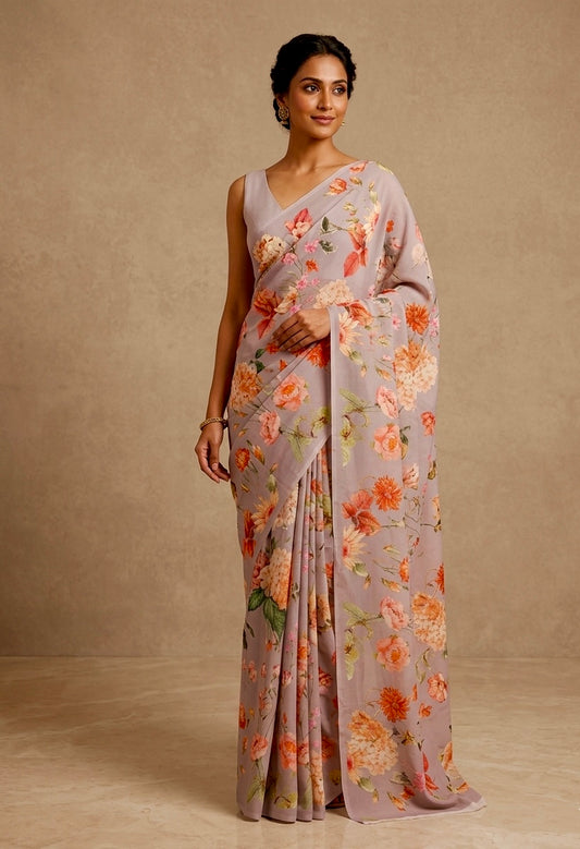 GREY COLOUR PLANT BASED GEORGETTE PRINTED SAREE WITH UNSTITCHED BLOUSE ( DELIVERY IN 20-25 DAYS ) - Kothari Sons