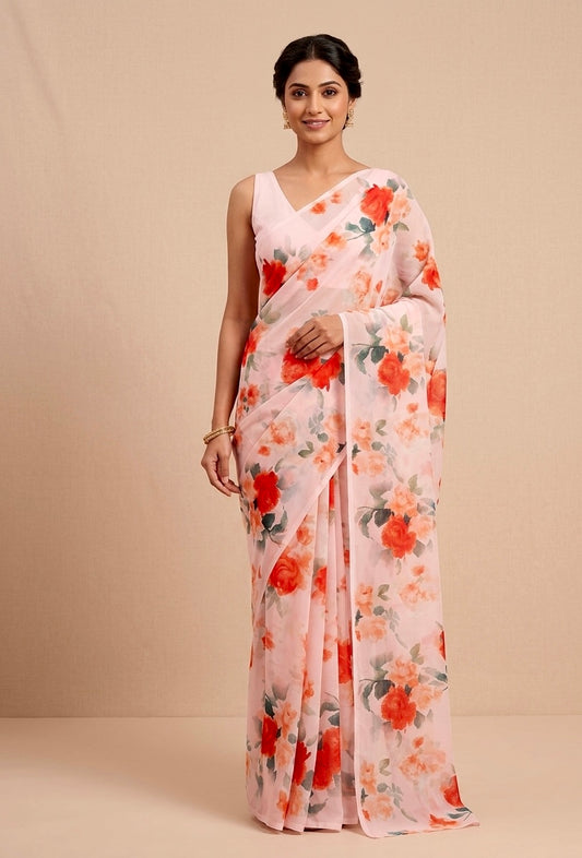 PINK COLOUR PLANT BASED GEORGETTE PRINTED SAREE WITH UNSTITCHED BLOUSE ( DELIVERY IN 20-25 DAYS ) - Kothari Sons
