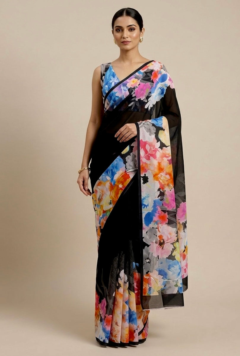 BLACK COLOUR PURE GEORGETTE PRINTED SAREE WITH UNSTITCHED BLOUSE ( DELIVERY IN 20-25 DAYS )