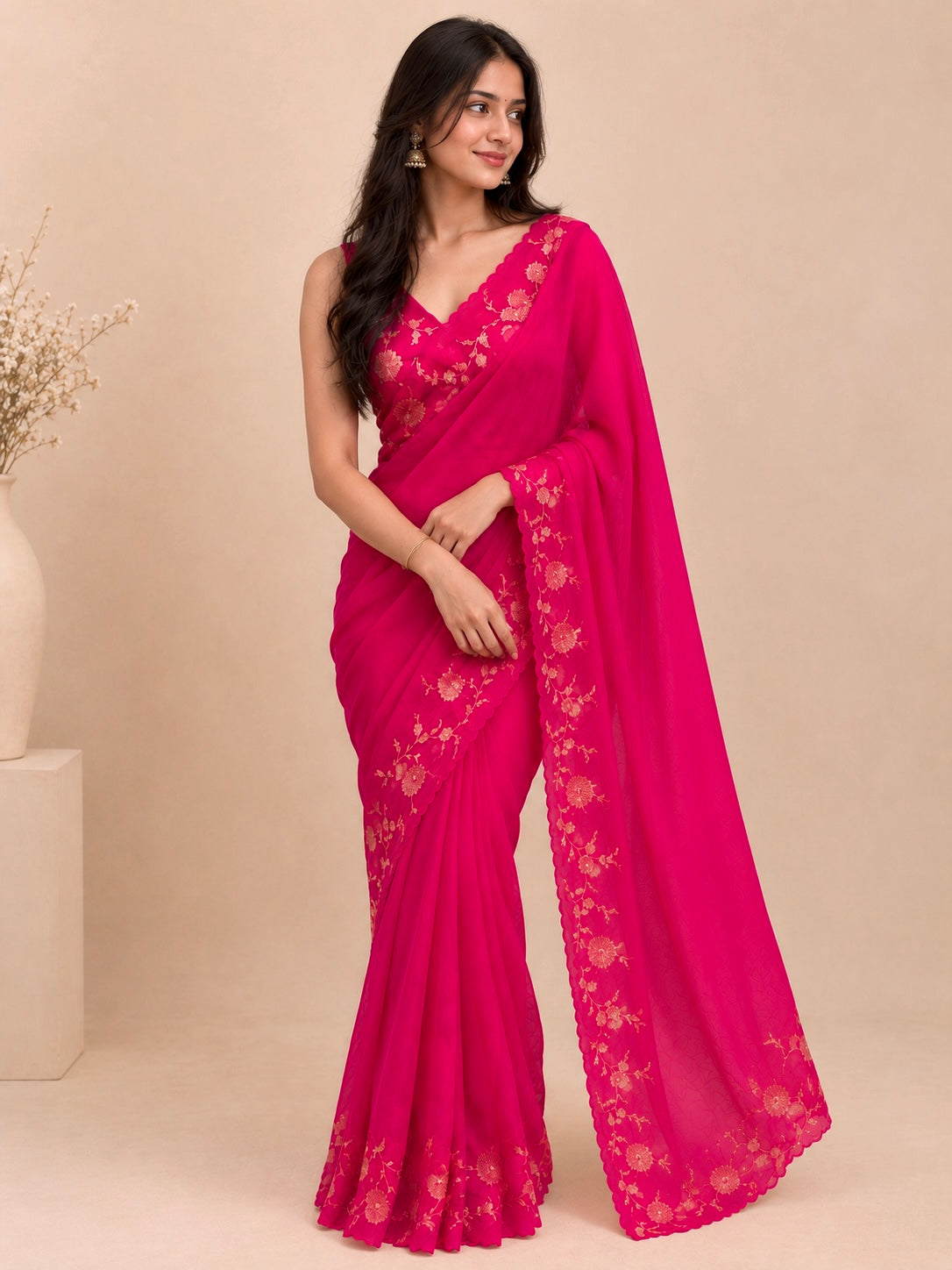 FUCHSIA PINK COLOUR PURE ORGANZA APPLIQUE WORK SAREE WITH BROCADE UNSTITCHED BLOUSE