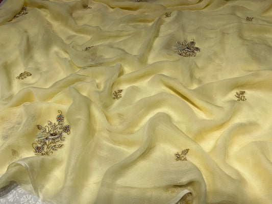 LEMON COLOUR PURE CHIFFON HAND EMBROIDERED SAREE EMBELLISHED WITH ZARDOZI WORK (DELIVERY IN 25 DAYS)