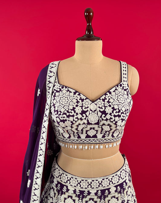 PURPLE COLOUR GEORGETTE EMBROIDERED LEHENGA WITH READYMADE BLOUSE EMBELLISHED WITH RESHAM & SEQUINS WORK