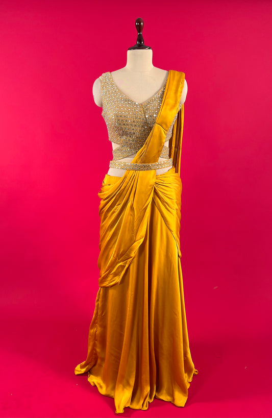 ( DELIVERY IN 15 TO 20 DAYS ) MUSTARD COLOUR SATIN SILK SKIRT STYLE DRAPE SAREE WITH READYMADE EMBROIDERED MIRROR WORK BLOUSE