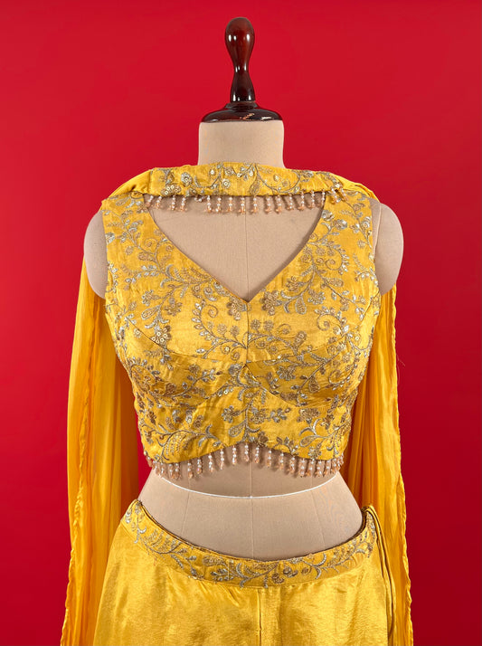 MUSTARD COLOR SILK PALAZZO PANT WITH EMBROIDERED CROP TOP & DUPATTA EMBELLISHED WITH ZARI & SEQUINS WORK
