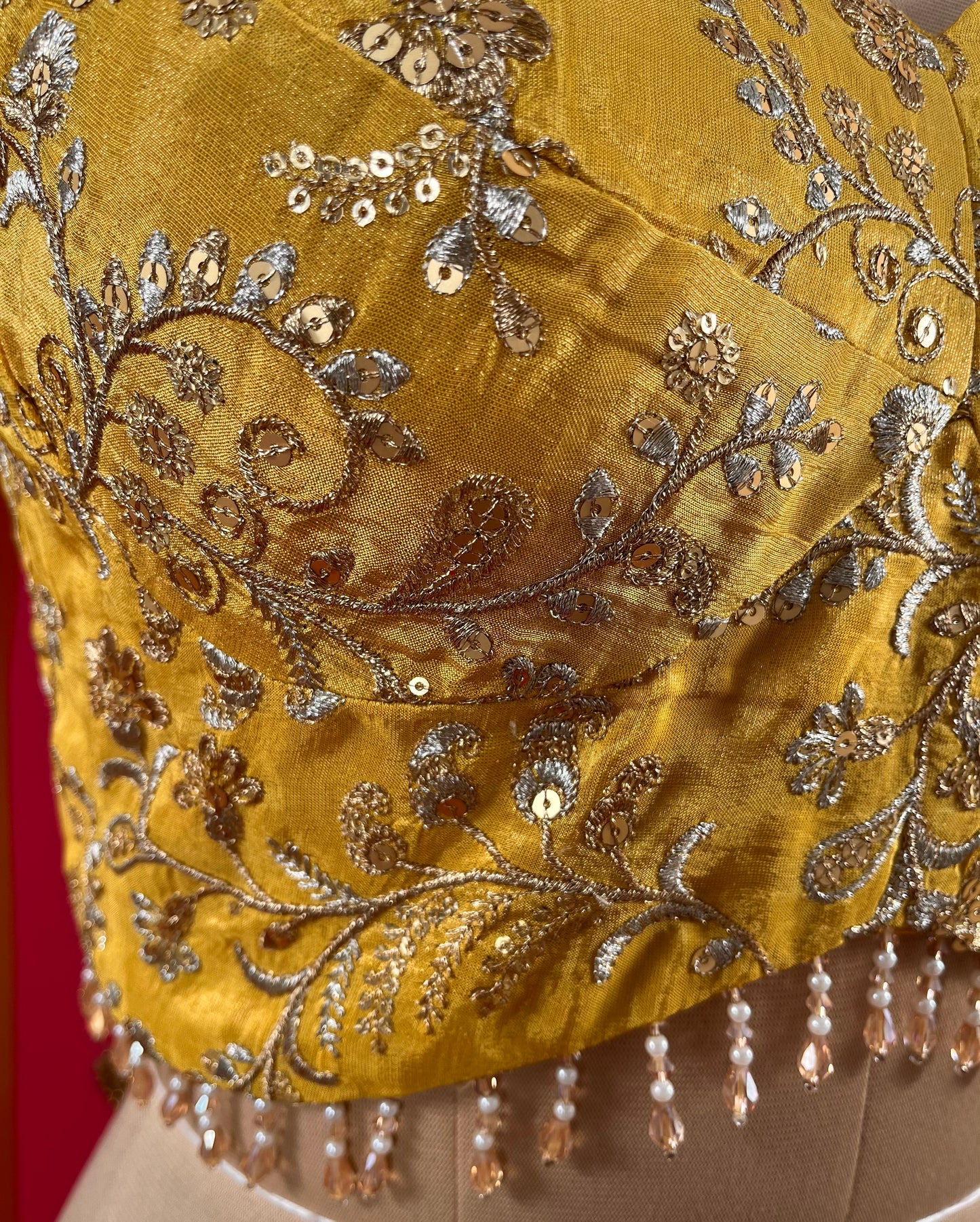 MUSTARD COLOR SILK PALAZZO PANT WITH EMBROIDERED CROP TOP & DUPATTA EMBELLISHED WITH ZARI & SEQUINS WORK