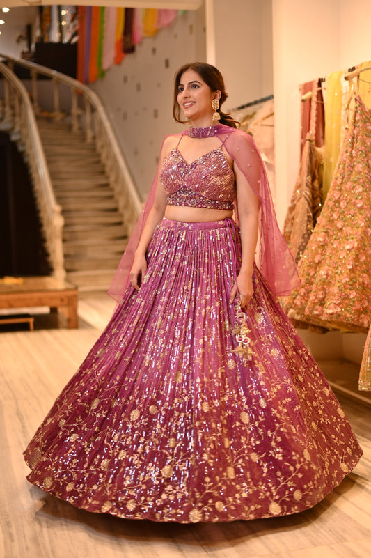 MAGENTA COLOUR SHADED CHINON SEQUINS LEHENGA WITH READYMADE CROP TOP EMBELLISHED WITH SEQUINS & BEADS WORK