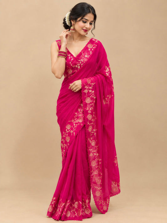 FUCHSIA PINK COLOUR PURE ORGANZA APPLIQUE WORK SAREE WITH BROCADE UNSTITCHED BLOUSE