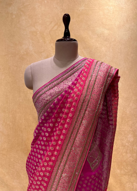 (DELIVERY IN 30 DAYS) PINK SHADED GEORGETTE BANARASI KHADDI SAREE EMBELLISHED WITH CUTDANA WORK