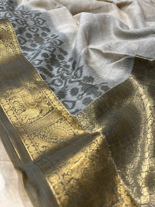 BEIGE COLOUR MUSLIN COTTON IKAT WEAVE SAREE