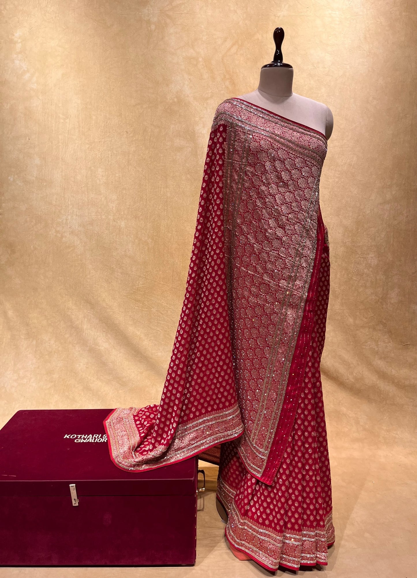 (DELIVERY IN 30 DAYS) RED COLOUR GEORGETTE BANARASI KHADDI SAREE EMBELLISHED WITH CUTDANA WORK