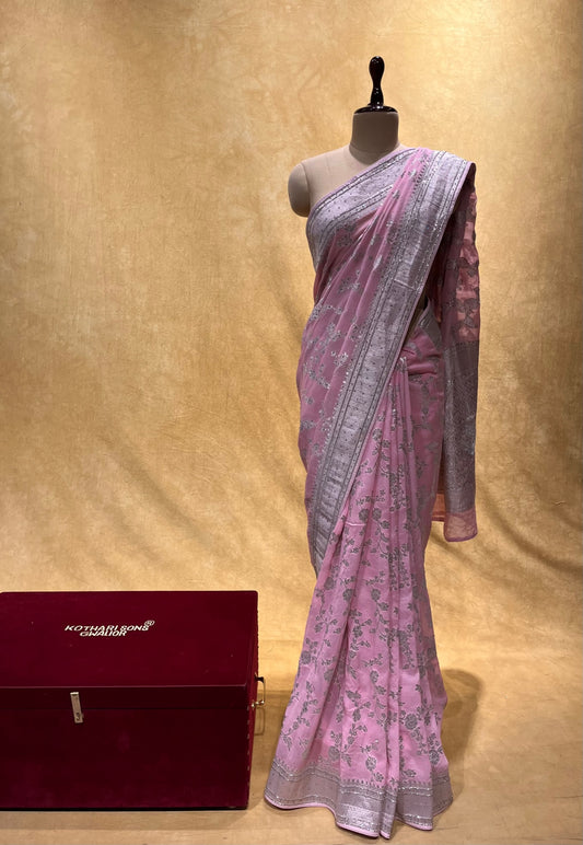 ( DELIVERY IN 25 DAYS ) BABY PINK COLOUR GEORGETTE BANARASI KHADDI SAREE  EMBELLISHED WITH CUTDANA WORK