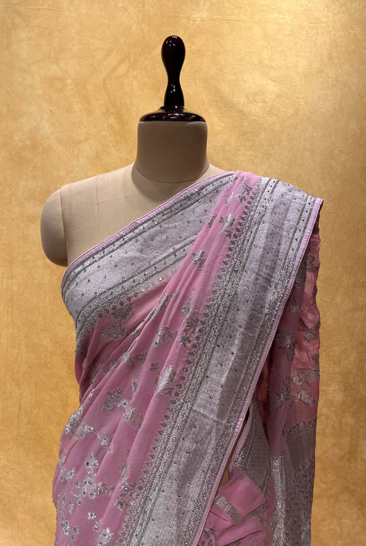 ( DELIVERY IN 25 DAYS ) BABY PINK COLOUR GEORGETTE BANARASI KHADDI SAREE  EMBELLISHED WITH CUTDANA WORK