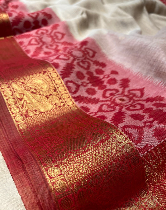 BEIGE COLOUR MUSLIN COTTON IKAT WEAVE SAREE