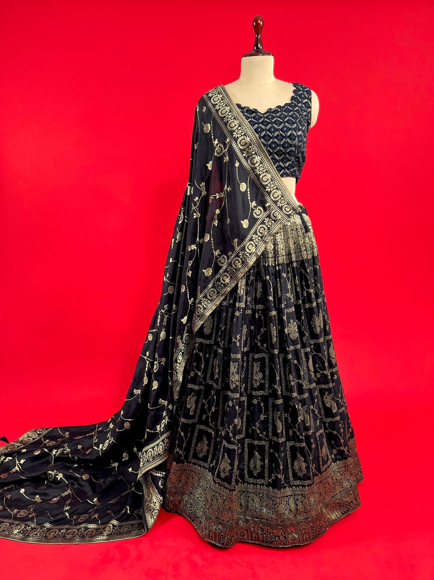 BLACK COLOUR DOLA SILK BANARASI LEHENGA WITH EMBROIDERED BLOUSE EMBELLISHED WITH THREAD WORK