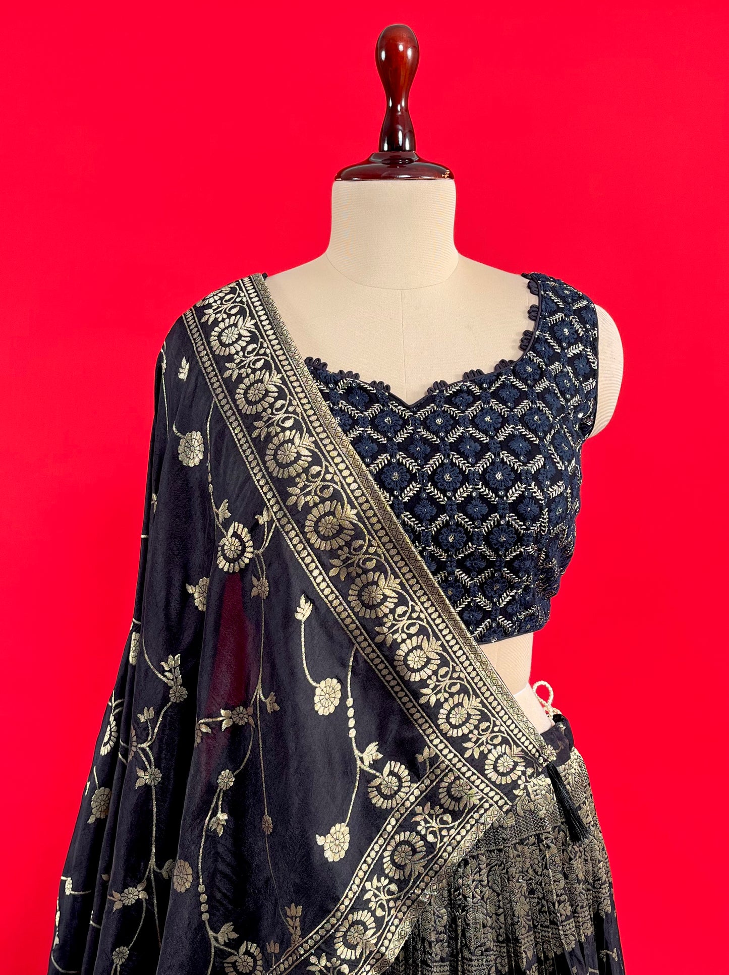 BLACK COLOUR DOLA SILK BANARASI LEHENGA WITH EMBROIDERED BLOUSE EMBELLISHED WITH THREAD WORK