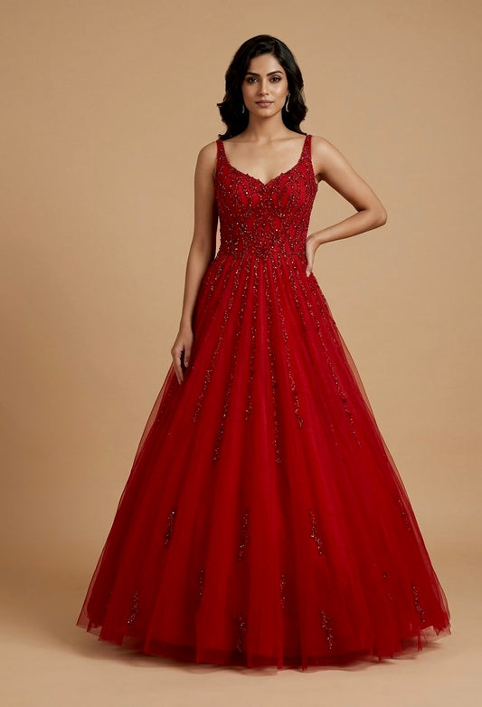 RED COLOUR HAND EMBROIDERED NET BALL GOWN EMBELLISHED WITH SEQUINS, CUTDANA & BEADS WORK