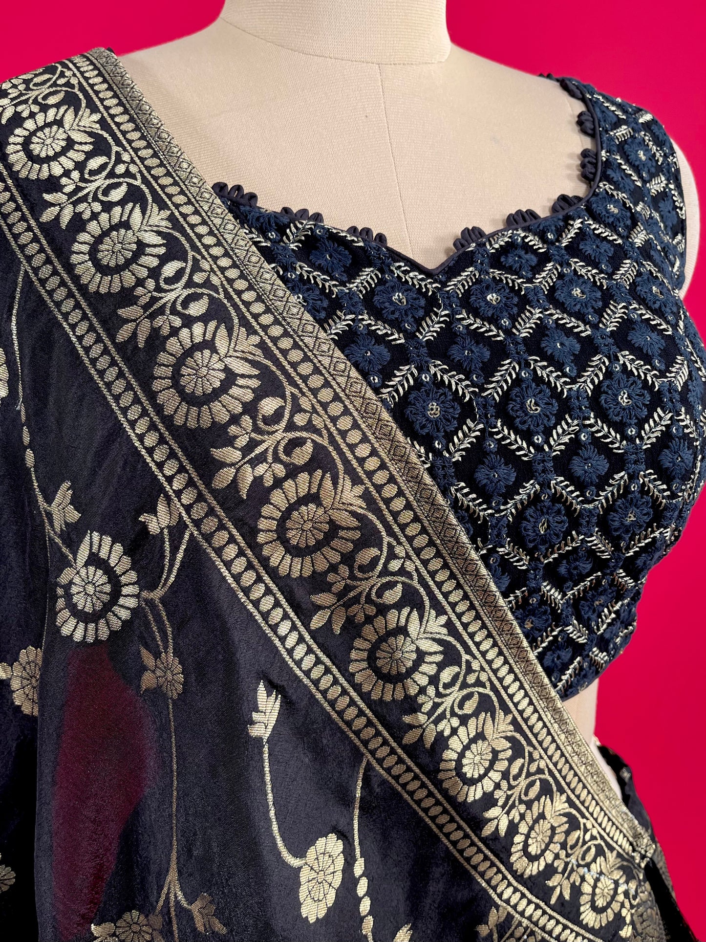 BLACK COLOUR DOLA SILK BANARASI LEHENGA WITH EMBROIDERED BLOUSE EMBELLISHED WITH THREAD WORK