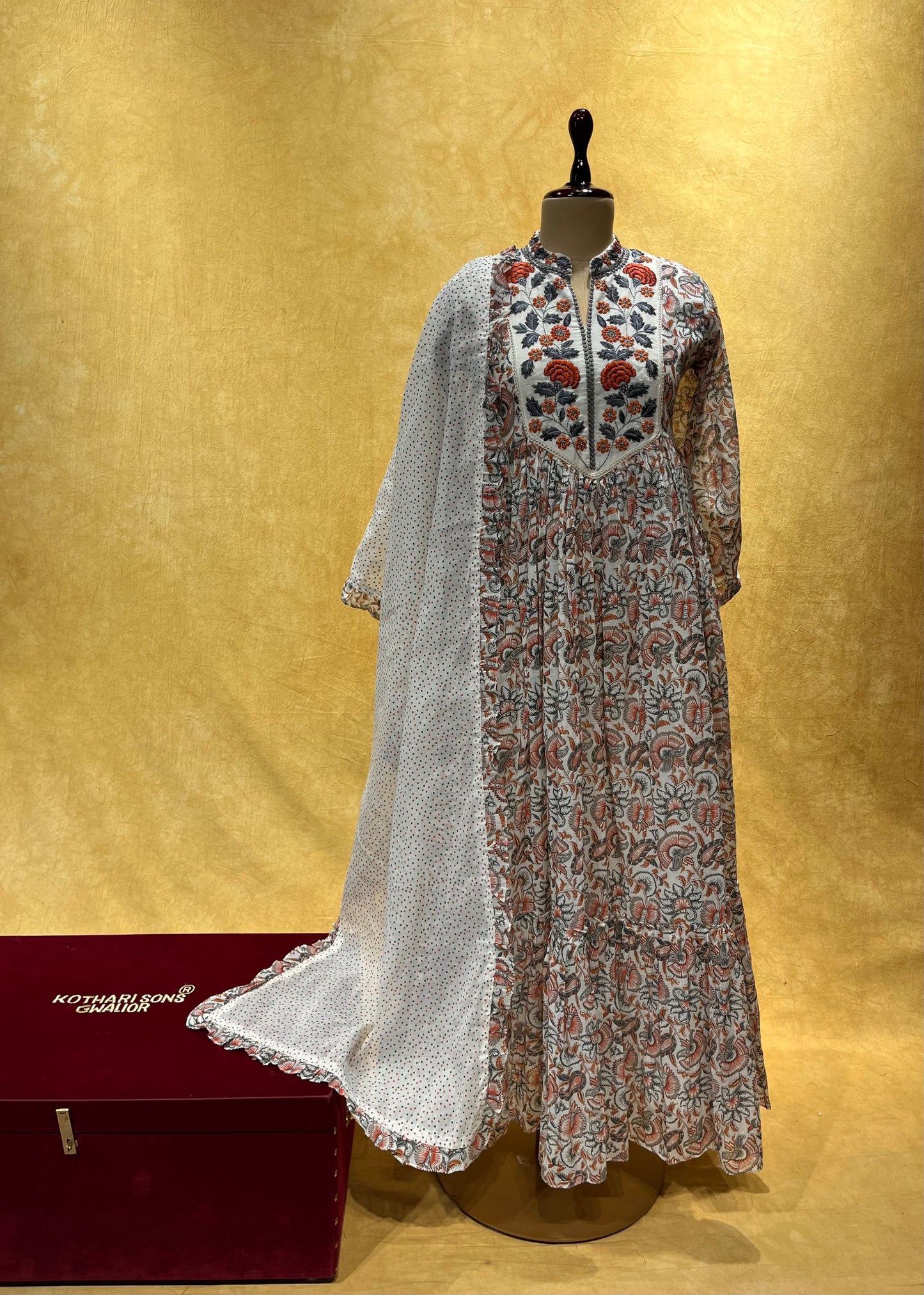 WHITE COLOUR FLOOR LENGTH COTTON SUIT EMBELLISHED WITH RESHAM EMBROIDERY WORK