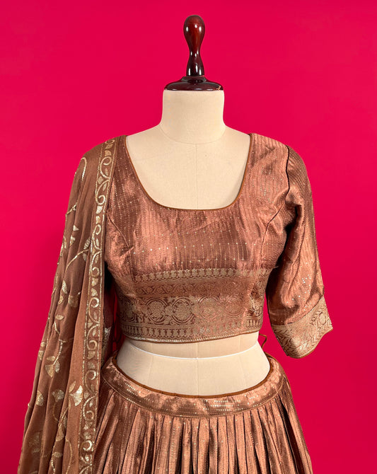 BROWN COLOUR SATIN LEHENGA WITH READYMADE BLOUSE & CHINON EMBROIDERED DUPATTA EMBELLISHED WITH SEQUINS WORK