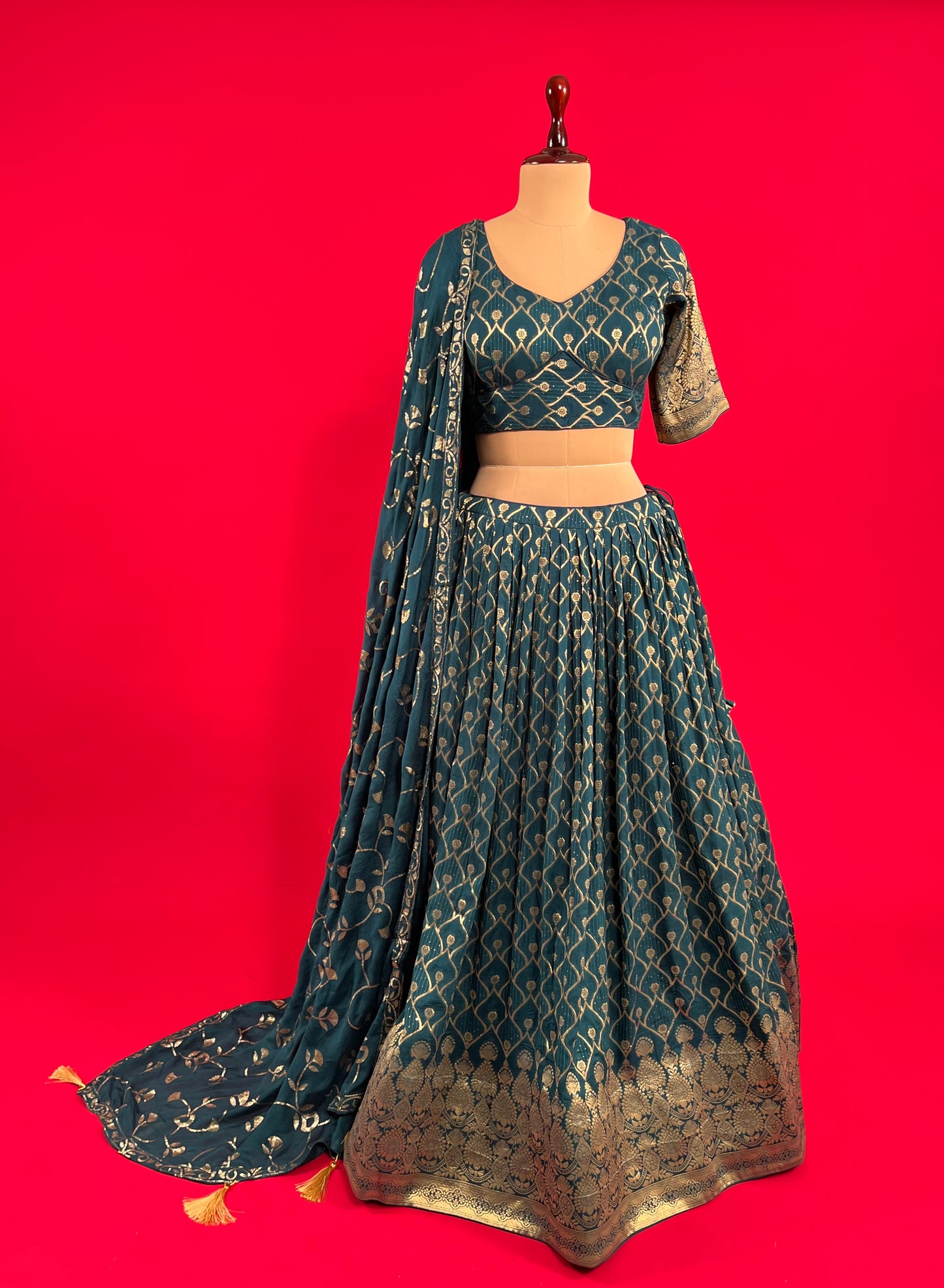 TEAL BLUE COLOUR BANARASI LEHENGA WITH READYMADE BLOUSE & CHINON DUPATTA EMBELLISHED WITH SEQUINS WORK