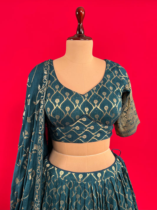 TEAL BLUE COLOUR BANARASI LEHENGA WITH READYMADE BLOUSE & CHINON DUPATTA EMBELLISHED WITH SEQUINS WORK