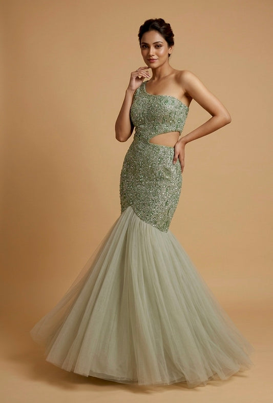 PISTA COLOUR HAND EMBROIDERED FISH CUT GOWN EMBELLISHED WITH SEQUINS & BEADS WORK - Kothari Sons