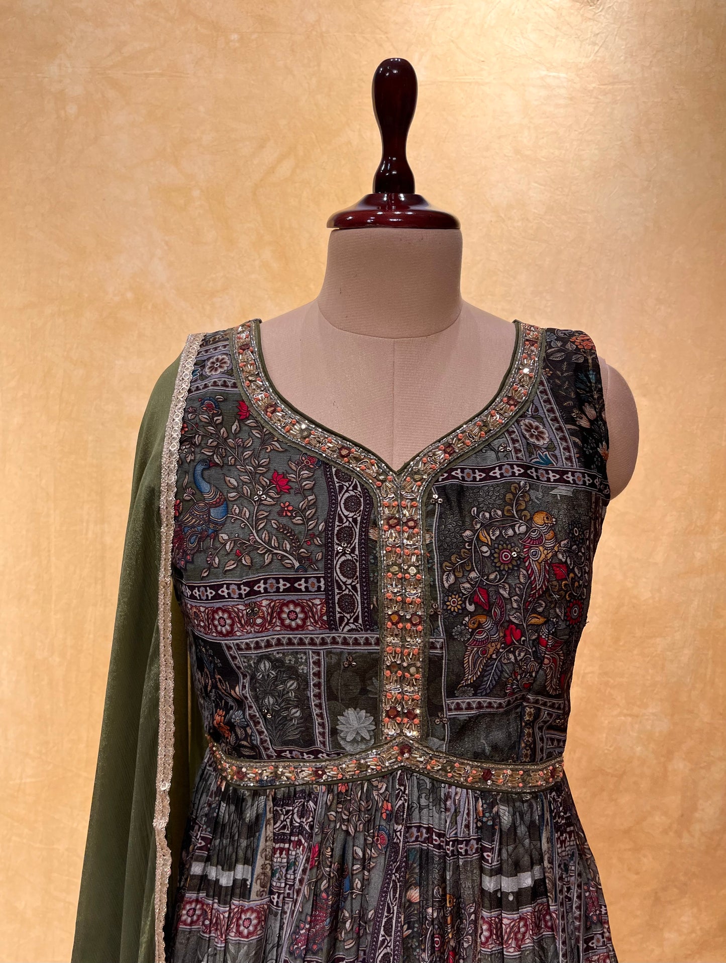 MEHENDI GREEN COLOUR CHINON PRINTED SUIT EMBELLISHED WITH MIRROR & CUTDANA WORK ( ANARKALI SUIT GREEN COLOUR )