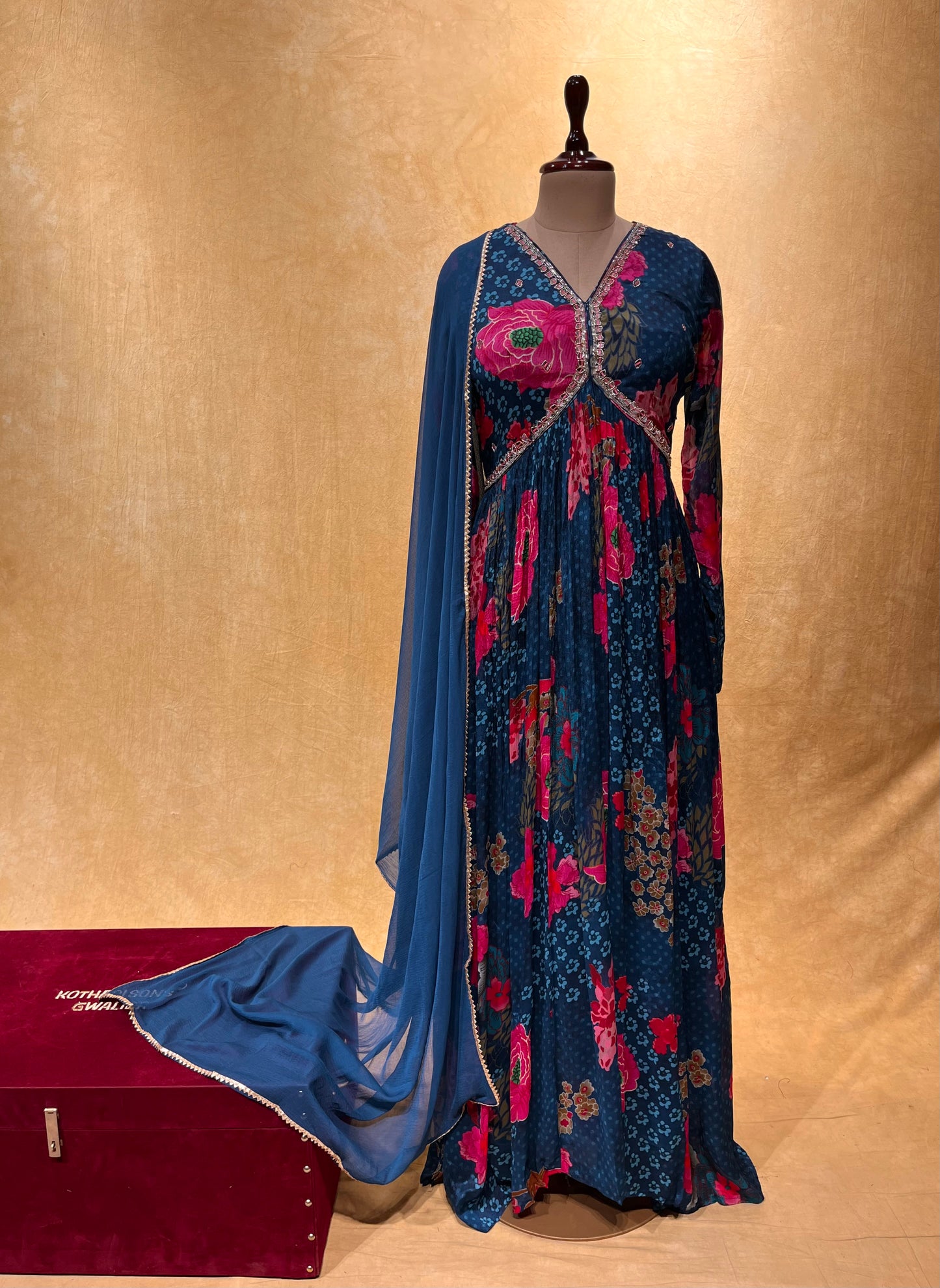 ( DELIVERY IN 25 DAYS ) BLUE COLOR FlORAL PRINTED CHINON ANARKALI SUIT EMBELLISHED WITH MIRROR WORK ( ANARKALI BLUE SUIT )
