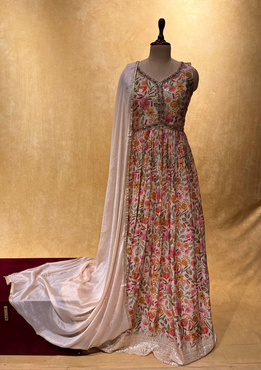 PEACH COLOR PRINTED CHINON ANARKALI SUIT EMBELLISHED WITH CUTDANA & MIRROR WORK ( PEACH ANARKALI SUIT )