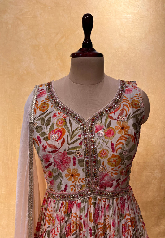 PEACH COLOR PRINTED CHINON ANARKALI SUIT EMBELLISHED WITH CUTDANA & MIRROR WORK ( PEACH ANARKALI SUIT )