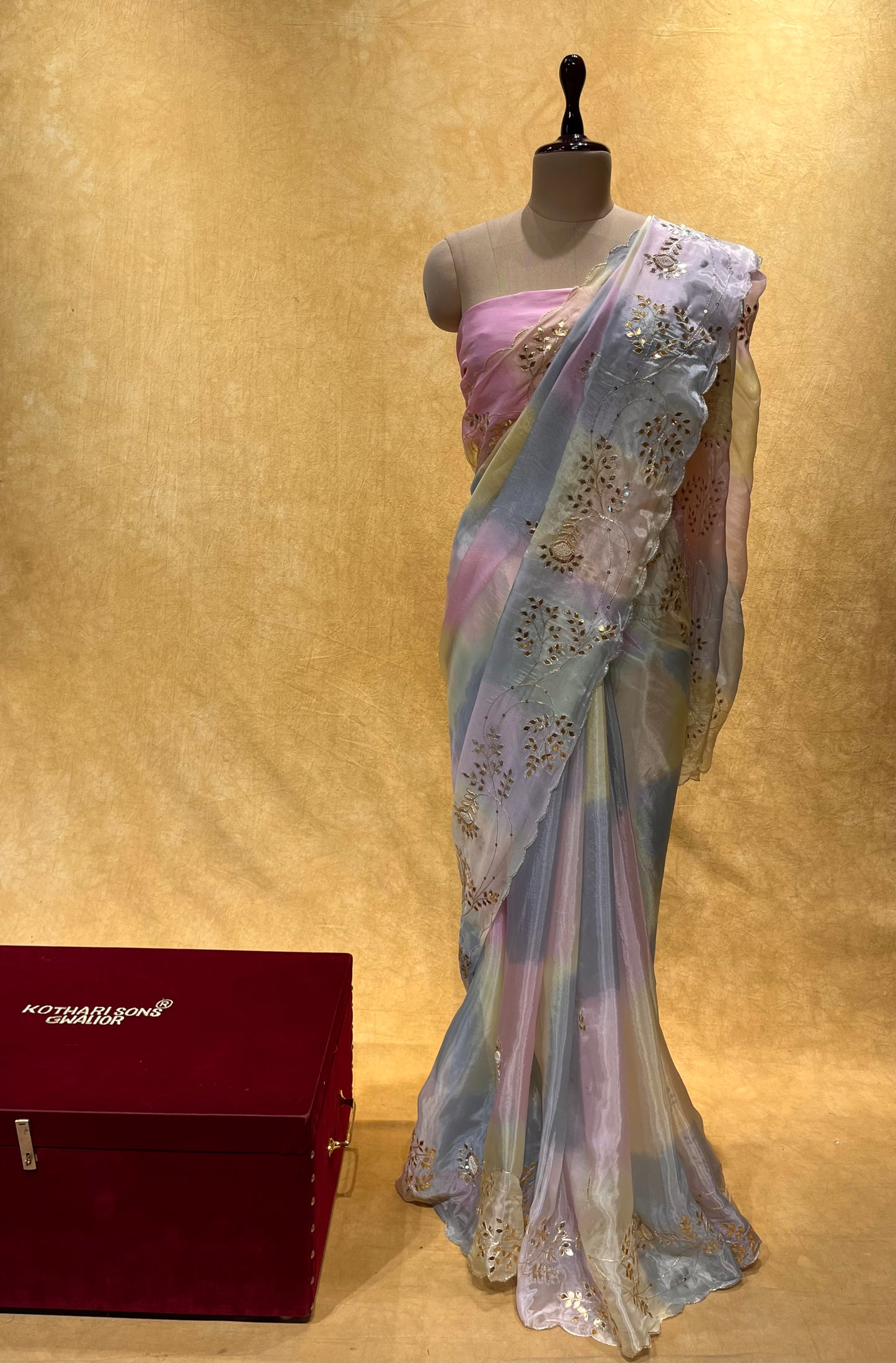 ( DELIVERY IN 25 DAYS ) OMBRE DYE ORGANZA EMBROIDERED SAREE EMBELLISHED WITH GOTA PATTI & PEARL WORK