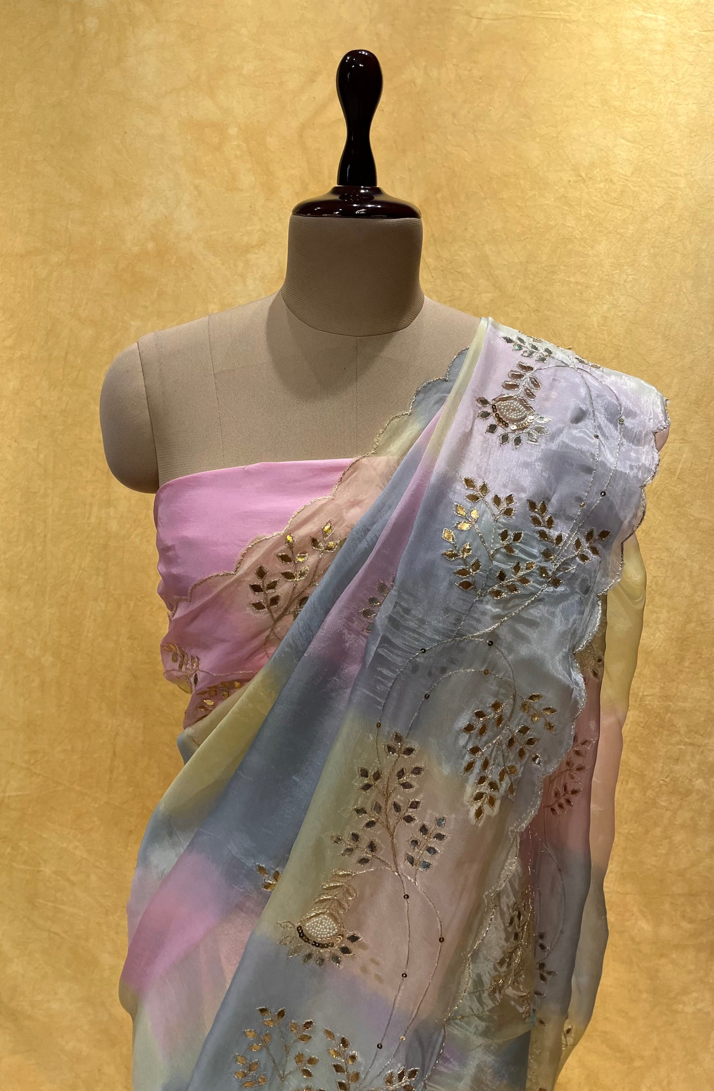( DELIVERY IN 25 DAYS ) OMBRE DYE ORGANZA EMBROIDERED SAREE EMBELLISHED WITH GOTA PATTI & PEARL WORK