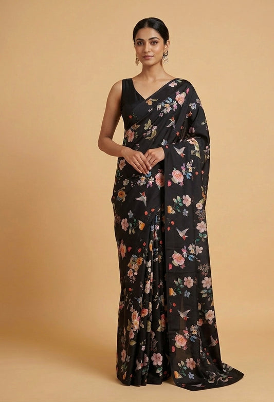 BLACK COLOUR PLANT BASED CREPE SILK PRINTED SAREE WITH UNSTITCHED BLOUSE