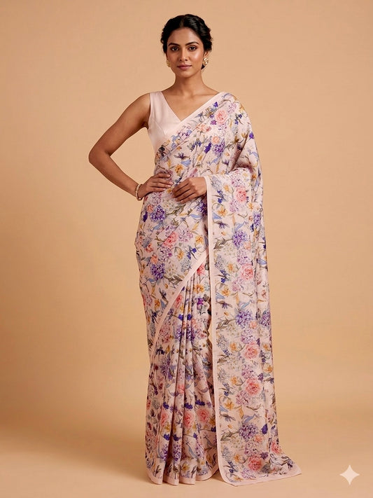 PASTEL PINK COLOUR PLANT BASED CREPE SILK PRINTED SAREE WITH UNSTITCHED BLOUSE