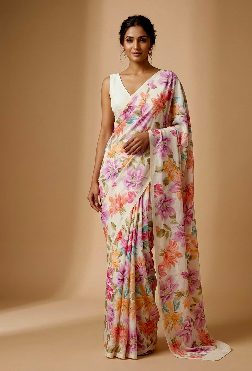 IVORY COLOUR PLANT BASED CREPE SILK PRINTED SAREE WITH UNSTITCHED BLOUSE
