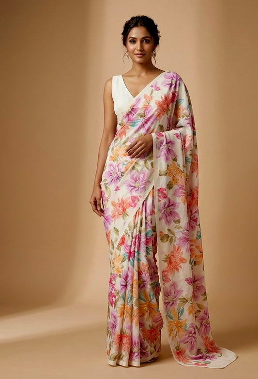 IVORY COLOUR PLANT BASED CREPE SILK PRINTED SAREE WITH UNSTITCHED BLOUSE