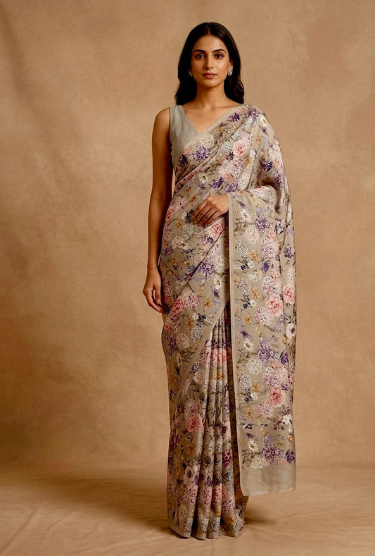 GREY COLOUR PLANT BASED CREPE SILK PRINTED SAREE WITH UNSTITCHED BLOUSE