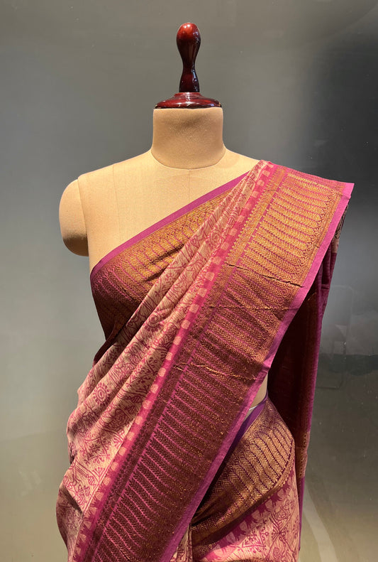 ONION PINK COLOUR COTTON PINK SAREE EMBELLISHED WITH ZARI BORDER