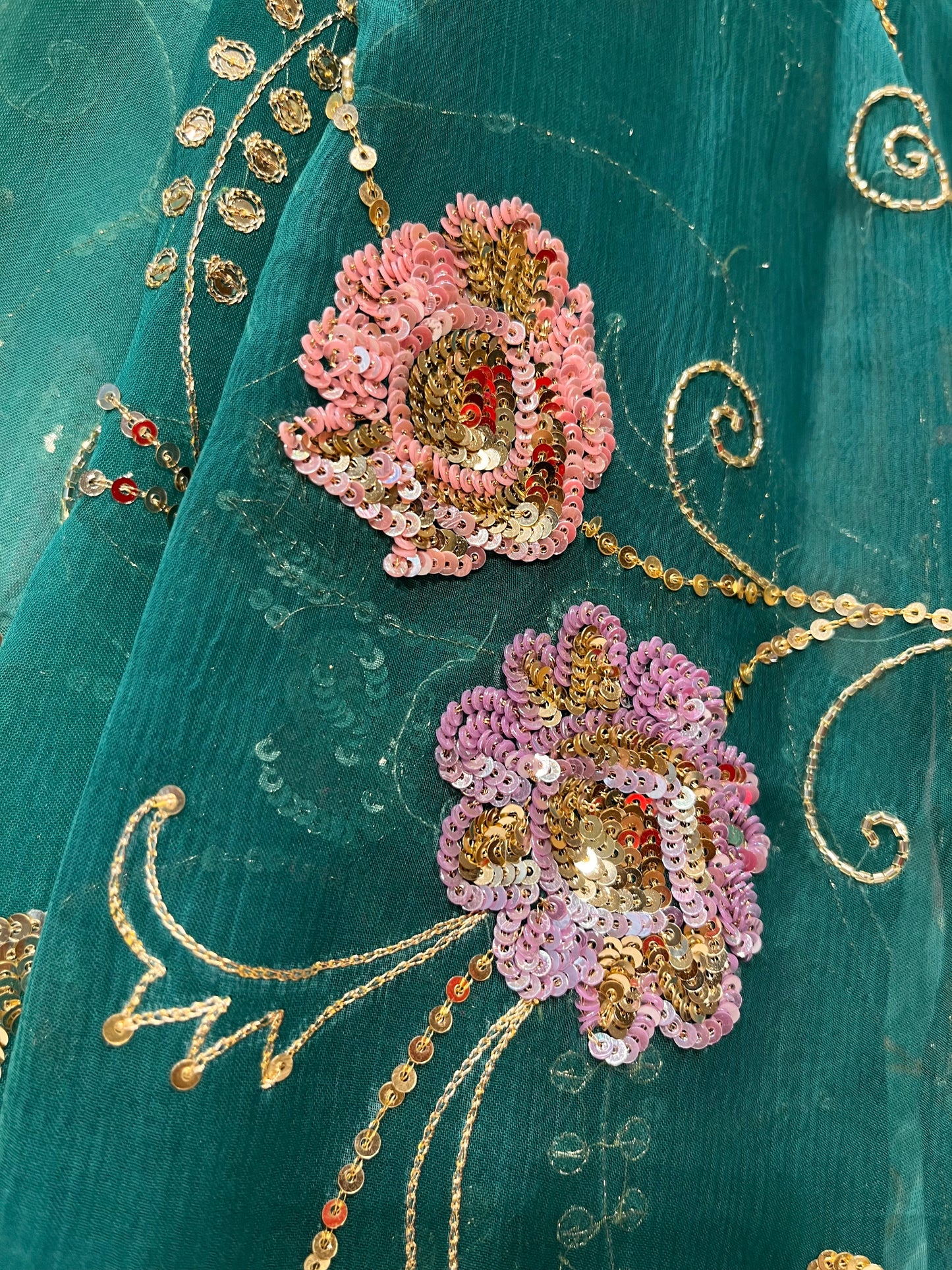 TEAL BLUE SHADED PURE CHIFFON HAND EMBROIDERED SAREE EMBELLISHED WITH SEQUINS & CUTDANA WORK